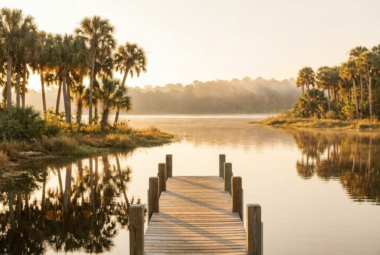 Wooden dock extending into a calm lake at golden hour in Aventura